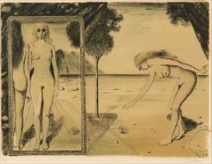 Paul Delvaux_La plage lithograph in colours, 1972, on Arches, signed in pencil, &hellip;
