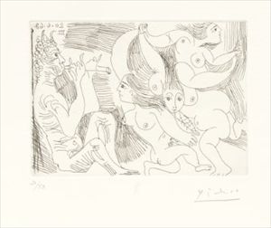 Pablo Picasso_Faune flûtiste et bacchantes, Pl.170 from 'Séries 347' Radierung, &hellip;