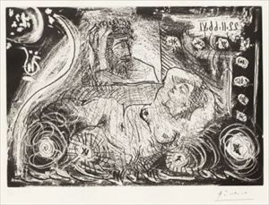 Pablo Picasso_Au théâtre: David songeant à Bethsabée etching and aquatint, 1966,&hellip;