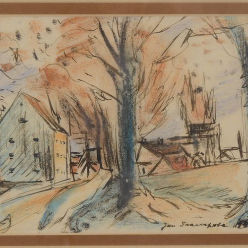 Jan Trampota (1889-1942) 三幅画

村庄。综合技术--纸上粉彩和墨水，120x170毫米（剪纸），右下方有签名和日期 "Jan Tram&hellip;