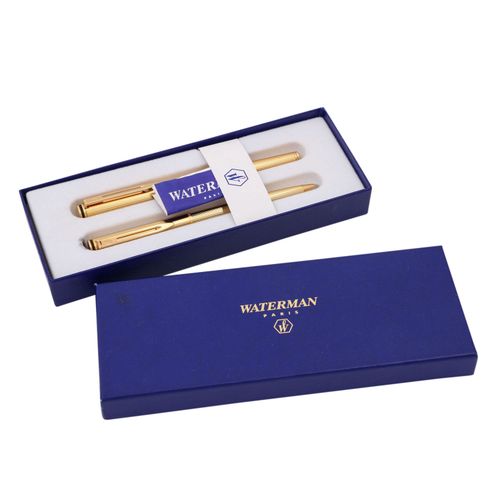 WATERMAN 2-tlg. Stifteset, vergoldet, 20. Jhd. WATERMAN 2件套笔，镀金，20世纪。凹槽装饰，1支滚珠笔和&hellip;