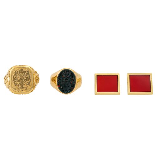 Schmuckkonvolut 3-teilig, 3件经销商拍品，14K黄金，31.9克（不含宝石净重约29克），由2个56/60号戒指和1对袖扣组成，有日光&hellip;
