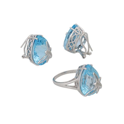 Schmuckkonvolut 2-teilig, 2件经销商拍品，14K白金，19克（不含宝石净重约10克），包括1枚54号戒指和1对耳环，有钻石和蓝色托帕石&hellip;