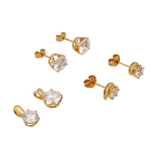 Schmuckkonvolut 4-teilig, 4件经销商拍品，14K黄金，5.1克（不含宝石的净重约3克），包括2对耳环和2个吊坠，带仿制宝石，有磨损痕迹&hellip;