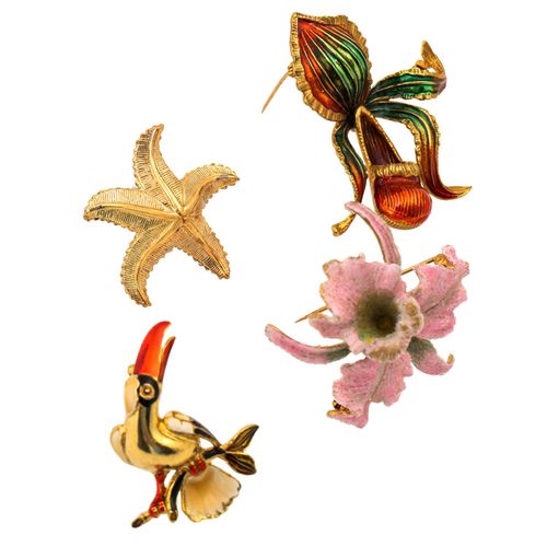 Konvolut aus 4 Modeschmuckbroschen, 一捆由4个胸针组成的服装珠宝，2个兰花，1个海星和1个巨嘴鸟，20世纪，有轻微磨损痕迹。