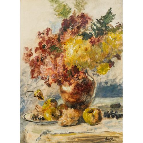 PETERS, ANNA (1843-1926), "Blumenstillleben mit Äpfeln und Trauben", PETERS, ANN&hellip;