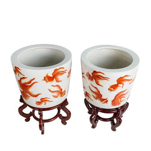 Paar Cachepots. CHINA. 一对中国的贮藏罐。周围绘有铁红色的纱尾金鱼，高31厘米，每个都有木质支架。