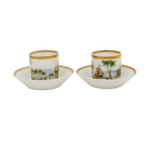 2 Ansichtentassen mit Untertassen, 19. Jh. 2 view cups with saucers, 19th c. Whi&hellip;