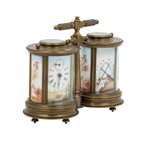 AUßERGEWÖHNLICHE TISCHUHR MIT WETTERSTATION, 杰出的带气象站的台钟，19/20世纪，法国，青铜，圆形的钟体，正面和背&hellip;