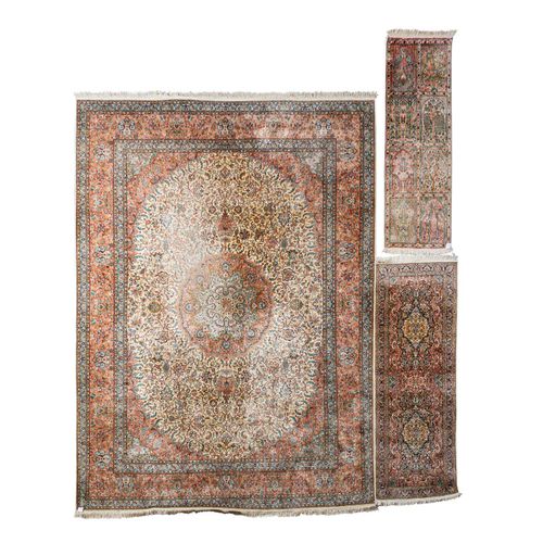 3 Orientteppiche aus Seide. KASHMIR und GHOM: 3 tapis orientaux en soie, Cachemi&hellip;