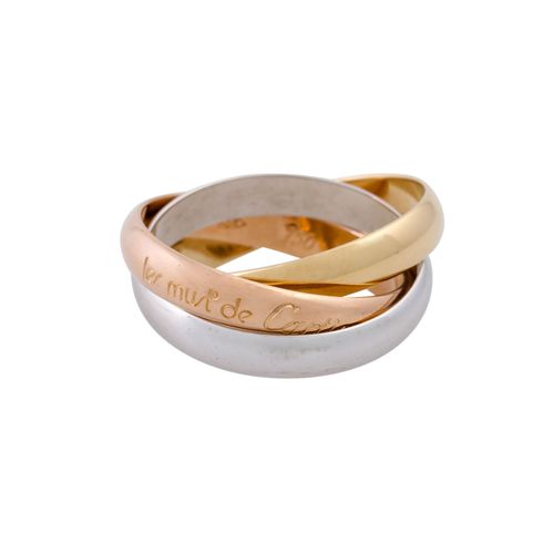 CARTIER Ring "Trinity", 卡地亚戒指 "三位一体"，18K红、黄、白金，7.4克，戒指尺寸51，20世纪下半叶，有磨损痕迹，印有 "les&hellip;