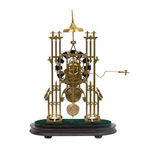 SKELETTUHR, SKELETON WATCH, 20th century, mounted on a wooden base, brass, open &hellip;