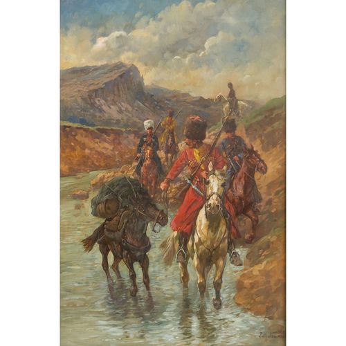 NEUMANN, FRITZ (1881-1919), "Reitende Kosaken in einem Flusstal", NEUMANN, FRITZ&hellip;