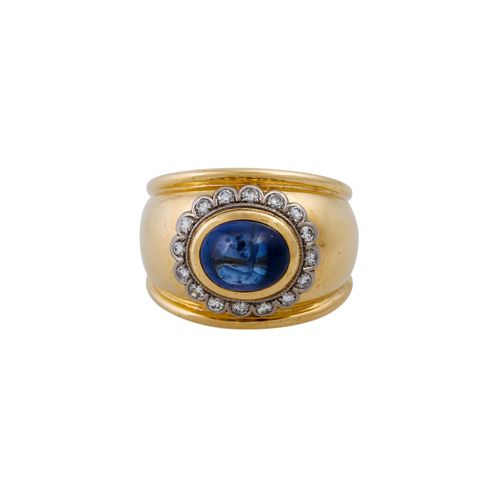 JACOBI Ring mit ovalem Saphircabochon entouriert von Brillanten, JACOBI戒指，镶嵌椭圆形凸&hellip;