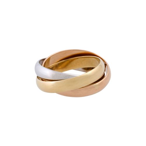 CARTIER Ring "Trinity", 卡地亚戒指 "三位一体"，18K红、黄、白金，7.4克，戒指尺寸51，20世纪下半叶，有磨损痕迹，印有 "les&hellip;
