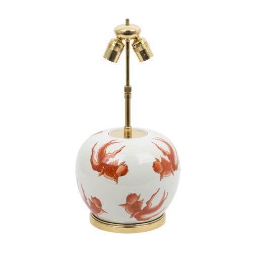 Tischleuchte. Table lamp. Spherical porcelain pot with iron-red exterior paintin&hellip;