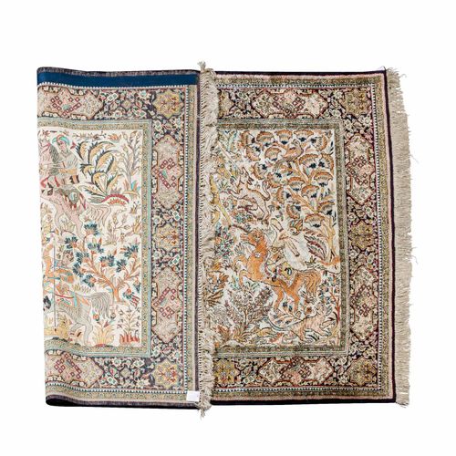 Orientteppich aus Seide. GHOM/PERSIEN, 205x130 cm. 东方丝毯。Ghom/Persia，205x130厘米。在浅&hellip;