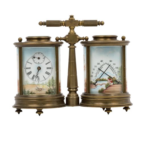 AUßERGEWÖHNLICHE TISCHUHR MIT WETTERSTATION, 杰出的带气象站的台钟，19/20世纪，法国，青铜，圆形的钟体，正面和背&hellip;
