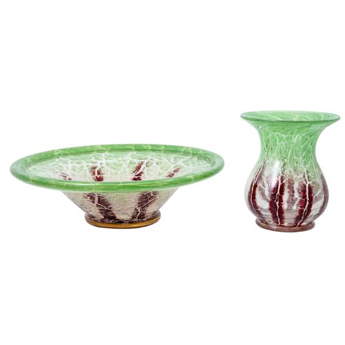 WMF Vase und Schale 'Ikora', 20. Jh. WMF花瓶和碗 "Ikora"，20世纪，水晶玻璃，有绿色和红棕色的熔体，柱状花瓶（高&hellip;