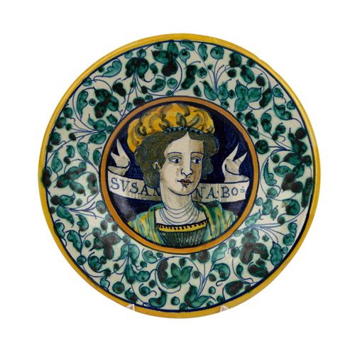 Kleiner Keramikteller, wohl ITALIEN, 19./20. Jh. 小法雅斯盘，可能是意大利，19/20世纪。风格化的，板镜中的女&hellip;