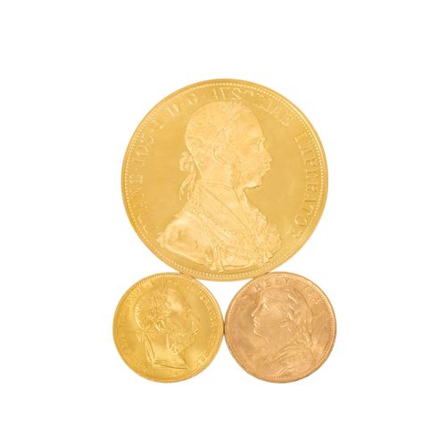 GOLDLOT mit 3 Münzen, 含有3枚硬币的GOLDLOT，奥地利1915年重刻版4公克，1892年重刻版8弗罗林，瑞士1949年B版20法郎，共&hellip;
