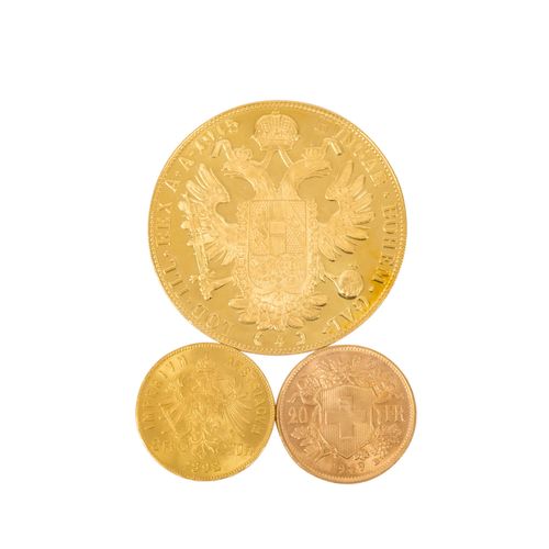 GOLDLOT mit 3 Münzen, 含有3枚硬币的GOLDLOT，奥地利1915年重刻版4公克，1892年重刻版8弗罗林，瑞士1949年B版20法郎，共&hellip;