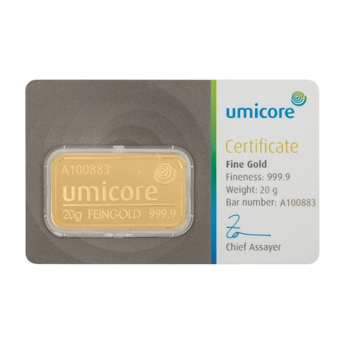 GOLD - 20 Gramm Barren Umicore, ORO - lingotto Umicore da 20 grammi, numero di t&hellip;