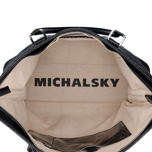 MICHALSKY Weekender. 米哈尔斯基的周游者。黑色编织专利模型，银色金属，双手柄，拉链开合。帆布内部有三个隔间，其中一个有拉链。附有肩带。有磨损&hellip;
