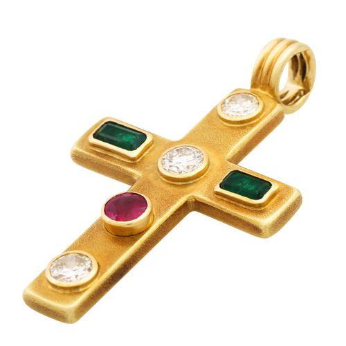 Null Pendentif croix avec émeraude, rubis et 3 brillants d'un total d'env. 1,1 c&hellip;