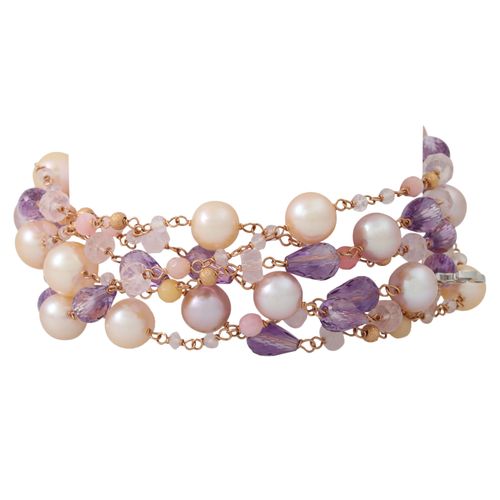Null Pulsera de 6 hileras de piedras preciosas, amatistas, cuarzo rosa, perlas c&hellip;