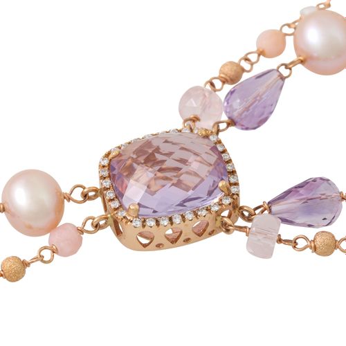 Null Collana a 2 file di pietre preziose, ametiste, quarzo rosa, perle coltivate&hellip;