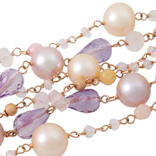 Null Bracelet 6 rangs de pierres précieuses, améthystes, quartz rose, perles de &hellip;