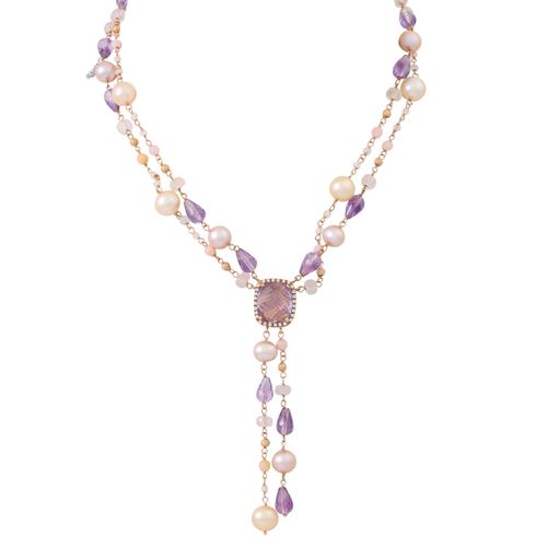 Null 一条2排的宝石项链，紫水晶，玫瑰石英，养殖珍珠，钻石共约0.28克拉，良好的颜色和清晰度，RG18，35.5克，长：约40+9厘米，21世纪，略有磨损&hellip;