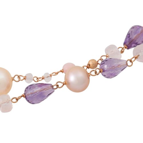 Null Collar de 2 hileras de piedras preciosas, amatistas, cuarzo rosa, perlas cu&hellip;