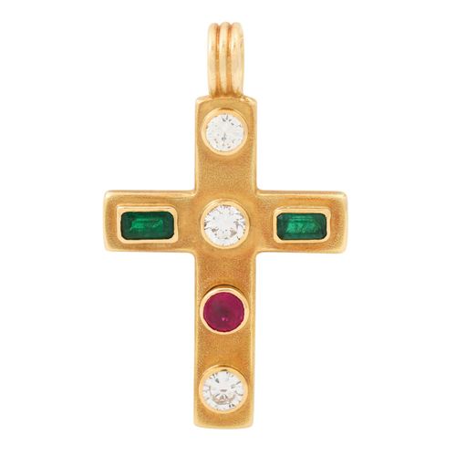 Null Pendentif croix avec émeraude, rubis et 3 brillants d'un total d'env. 1,1 c&hellip;