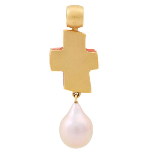 Null Pendant "Cross" with rose-silver coloured cultured pearl and salmon coloure&hellip;