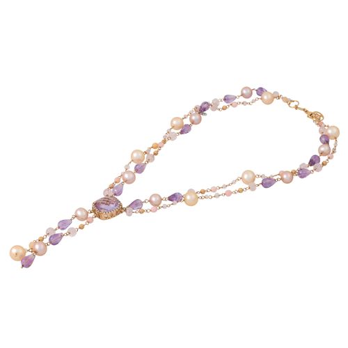Null Collar de 2 hileras de piedras preciosas, amatistas, cuarzo rosa, perlas cu&hellip;