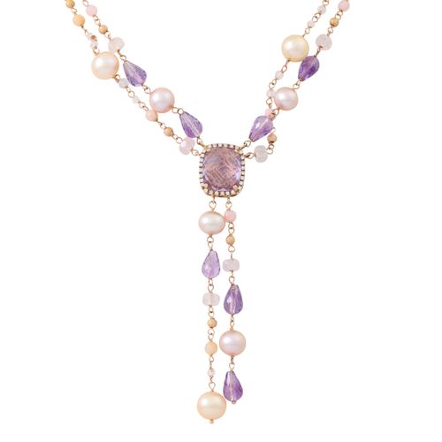 Null 2-reihiges Collier mit Edelsteinen, Amethyste, Rosenquarze, Zuchtperlen, Br&hellip;