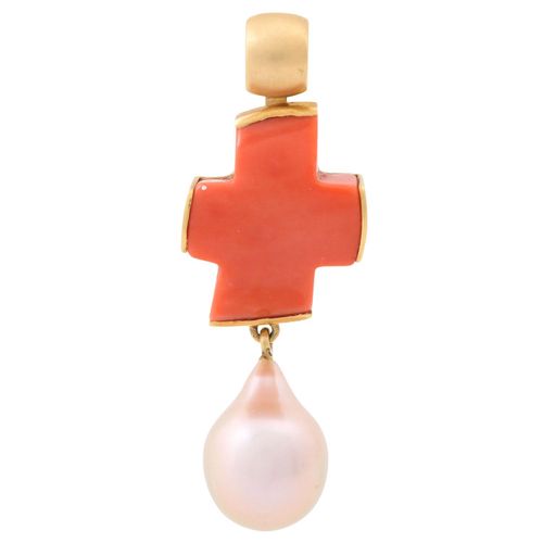 Null Pendant "Cross" with rose-silver coloured cultured pearl and salmon coloure&hellip;