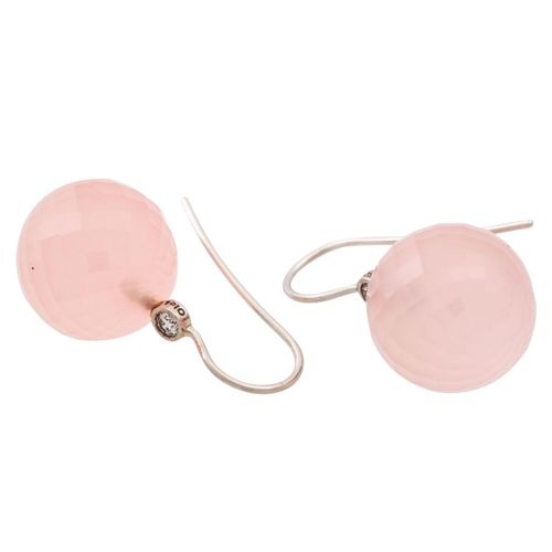 Null Paire de pendants d'oreilles avec quartz rose facetté d'env. 14 mm, 2 brill&hellip;