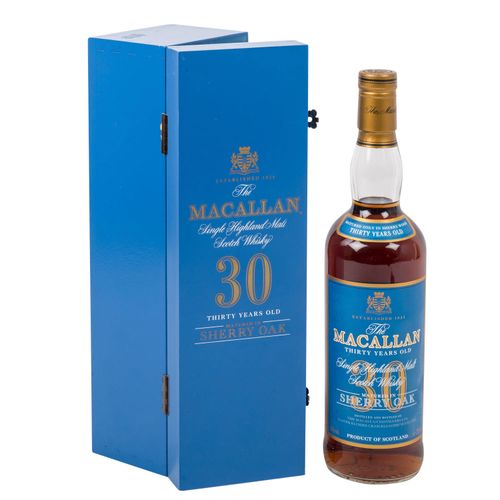 Null 麦卡伦单一麦芽苏格兰威士忌 "雪利橡树"，30年产区：斯佩塞德，麦卡伦酒厂，43%容量，700毫升，瓶颈处水平，原包装（蓝色木盒）。欧盟以外的运输限制&hellip;
