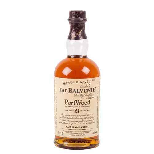Null 巴尔文尼单一麦芽苏格兰威士忌，21年 "PORT WOOD "产区：斯佩塞德，班夫郡酒厂，40%容量，700毫升，颈部水平。标签欧盟以外的运输限制!