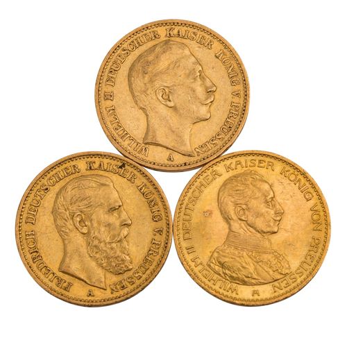 Null Prusia/ORO - Serie con 20 marcos de 1888 A Friedrich III, 20 marcos de 1898&hellip;