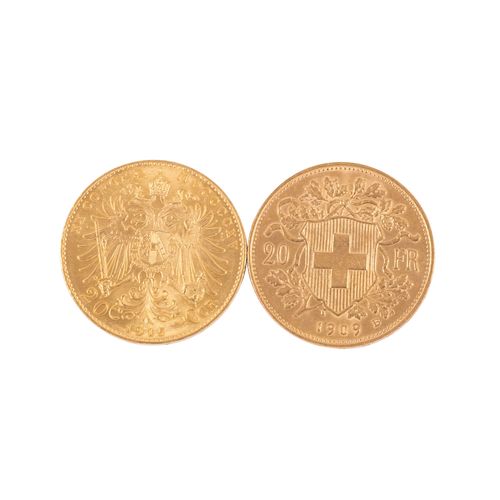 Null GOLDLOT ca. 29 g fein, mit Schweiz 20 Franken Vreneli 1909 B, Österreich 20&hellip;