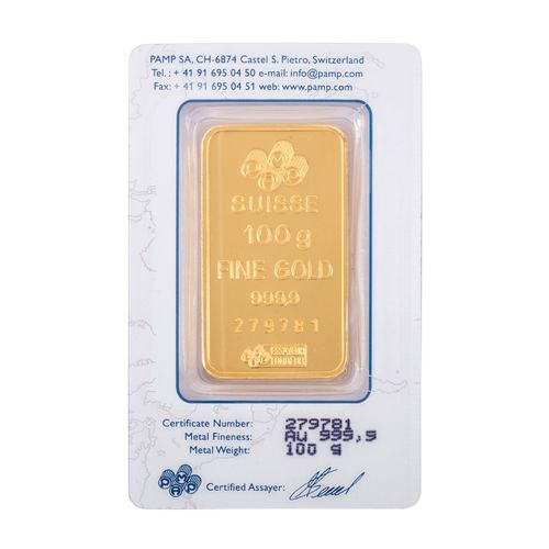 Null 瑞士 - Motif金条100克GOLD fine，Pamp Suisse Fortuna，收缩包装在吸塑卡中，根据UStG第25c条免税。