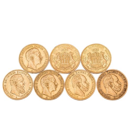 Null Dt. Kaiserreich/GOLD - 7 x 20 Goldmark, darunter Hamburg 2 x 1878 + 1893 J,&hellip;