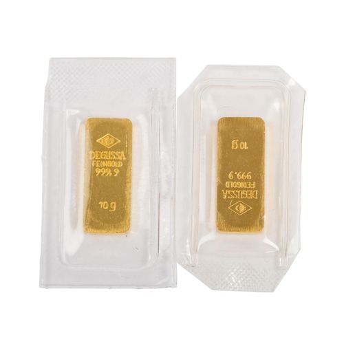 Null GOLDbars - 2x 10 g GOLD fine, Goldbar hist. Forma, fabricante Degussa, retr&hellip;