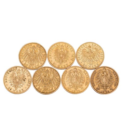 Null Dt. Kaiserreich/GOLD - 7 x 20 Goldmark, 其中汉堡2 x 1878 + 1893 J, 普鲁士2 x 1872 &hellip;