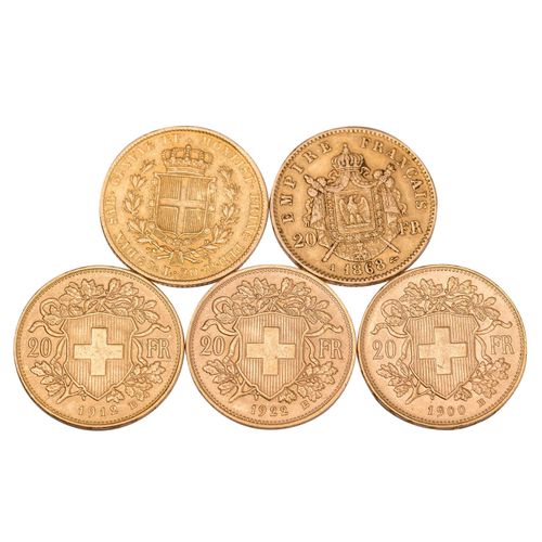Null GOLD LOT 20 Francs/Lire, 包括瑞士3 x 20 Francs Vreneli 1900 B, 1912 B, 1922 B, &hellip;
