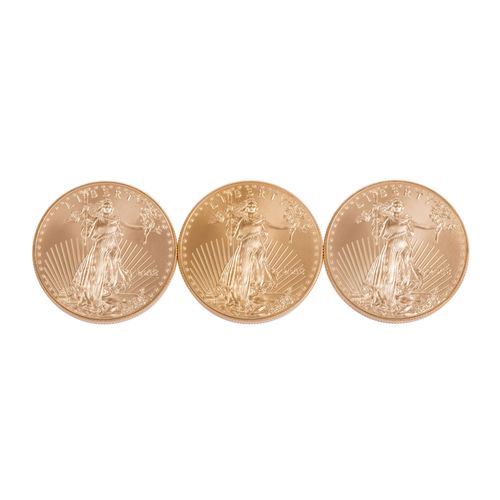 Null 3 x 美国/黄金 - 2008年50美元，美国鹰，部分最小的划痕，1盎司黄金精制。总共3盎司金币。根据UStG第25c条，免税。